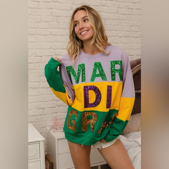 BiBi Sequin Mardi Gras Lettering Color Block Sweatshirt 10010075599 - Picture 7 of 12